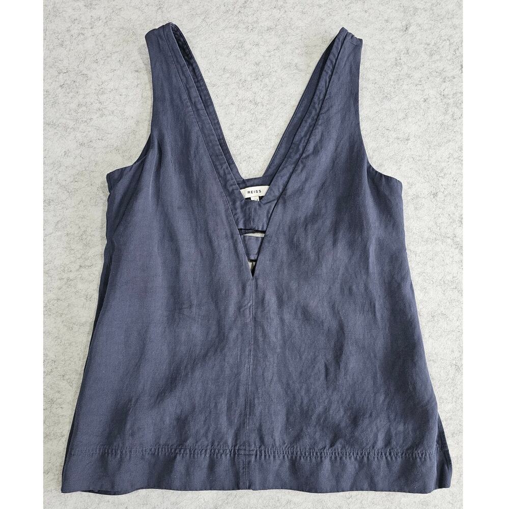 Reiss Emi Linen Blend V Neck Top, Ladder Cut Out Bars, Blue, Sz 2 - Picture 4 of 11